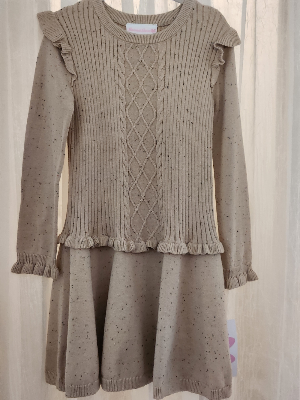 Bonnie Jean Beige Speckled Ruffle Hem Cable-Knit Drop Waist Dress, S-5,6X, NWT